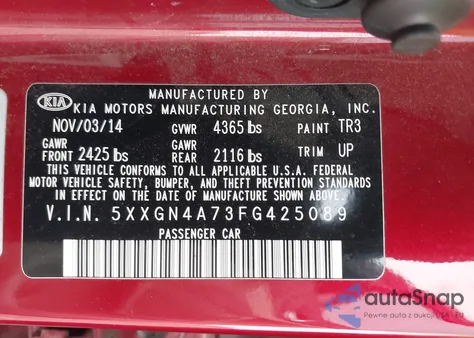 2015 Kia Optima Ex из США, поврежденный, VIN 5XXGN4A73FG425089